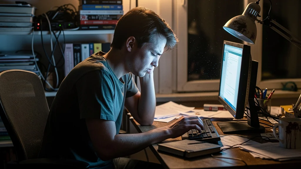 Homme souffrant des cervicales devant un bureau mal éclairé, illustrant l'importance d'une bonne lampe de bureau