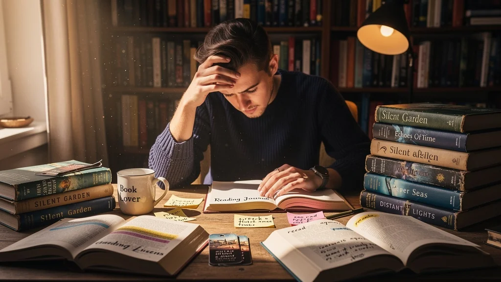 Lecteur frustré avec quatre livres relus inutilement, illustrant l'oubli du carnet de lecture