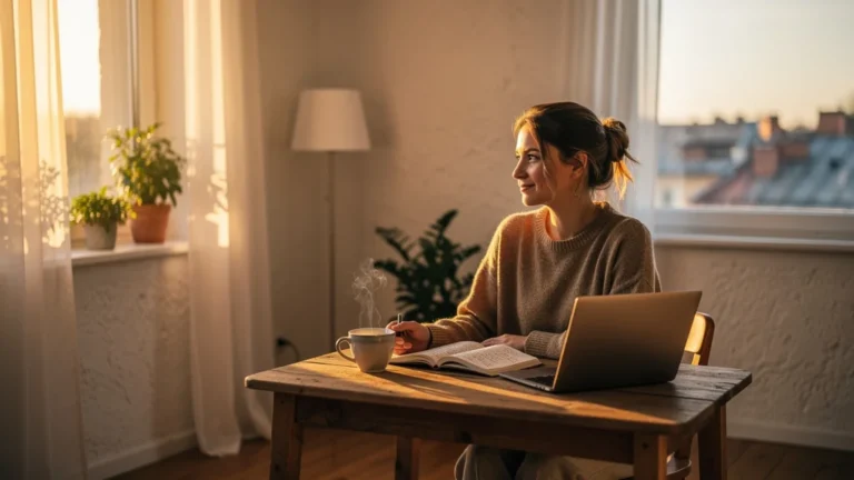 Femme seule sereine dans un appartement lumineux illustrant le choix rassurant de rester seule