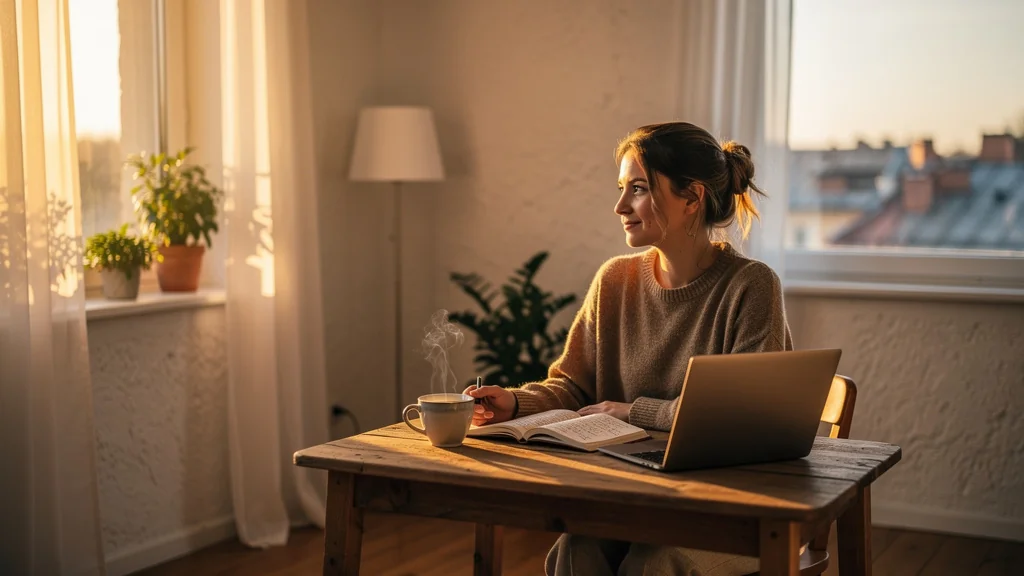 Femme seule sereine dans un appartement lumineux illustrant le choix rassurant de rester seule