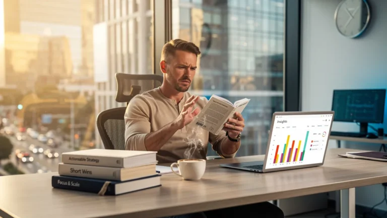 Bureau moderne avec livres courts business sur table, entrepreneur concentré, lumière naturelle intense