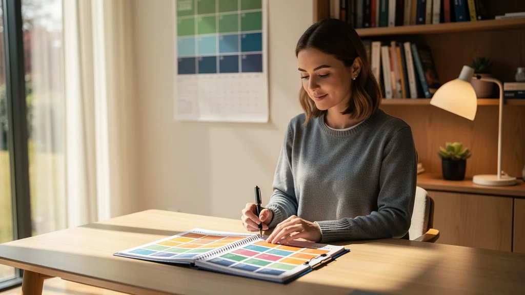 Femme organisant sa journée en blocs de temps plutôt qu’avec une to-do liste infinie, bureau moderne lumineux