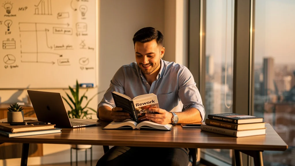 Jeune entrepreneur lisant Rework, démontrant son utilité supérieure aux formations classiques en entrepreneuriat