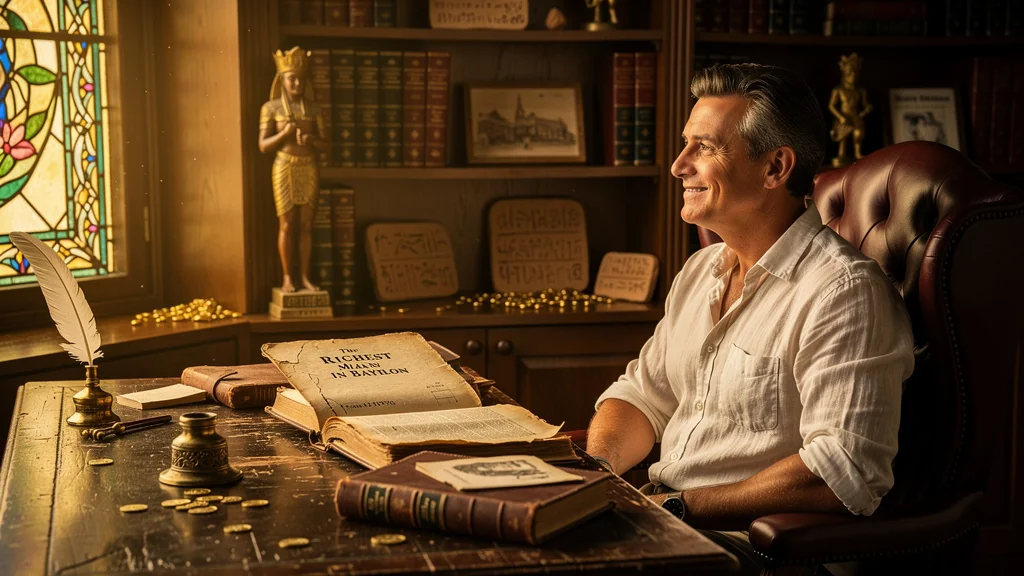 Homme méditant dans un bureau vintage avec le livre 'L'Homme le plus riche de Babylone' ouvert sur un bureau en bois