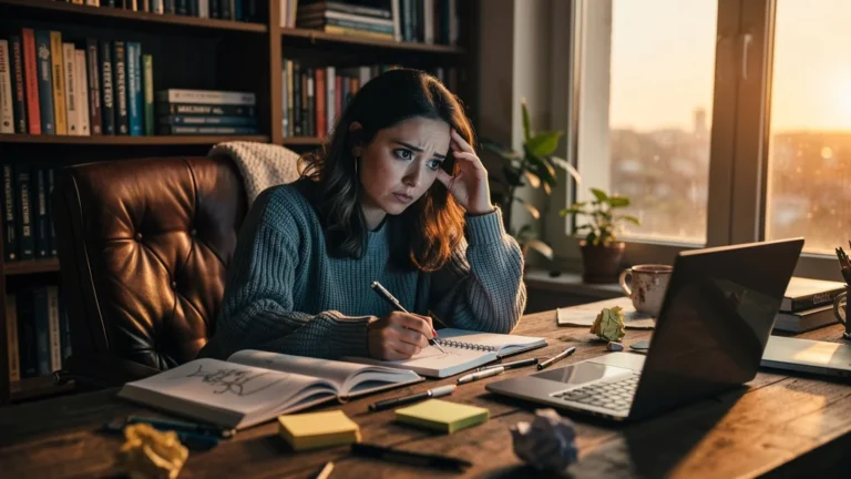 Femme fatiguée assise à un bureau encombré, illustrant les limites de la polyvalence systématique