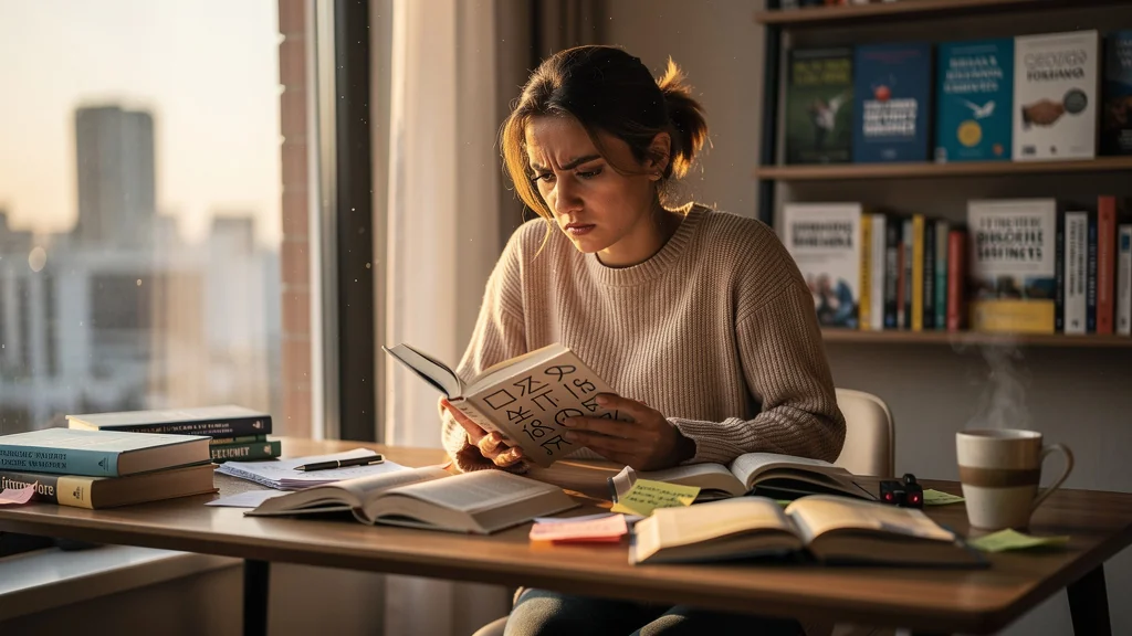 Jeune femme frustrée lisant des livres sur le mindset manquant de concret, ambiance réaliste et émotionnelle
