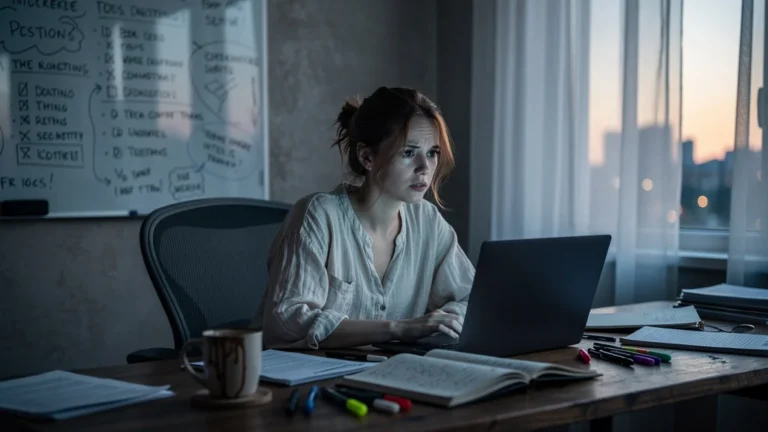 Femme dubitative dans un bureau au matin, illustrant Pourquoi Miracle Morning ne m'a pas convaincue pour le travail