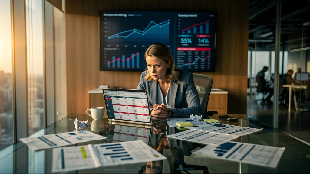 Femme stressée en bureau découvrant les conséquences d’une sous-estimation du budget communication