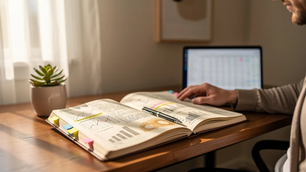 Carnet papier de suivi financier illustrant deux mois d'expérience personnelle détaillée