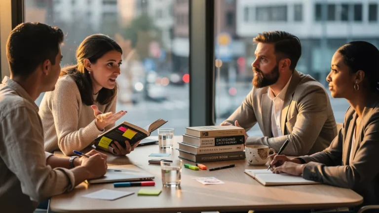 Club de lecture business mensuel avec 5 freelances partageant des livres en coworking