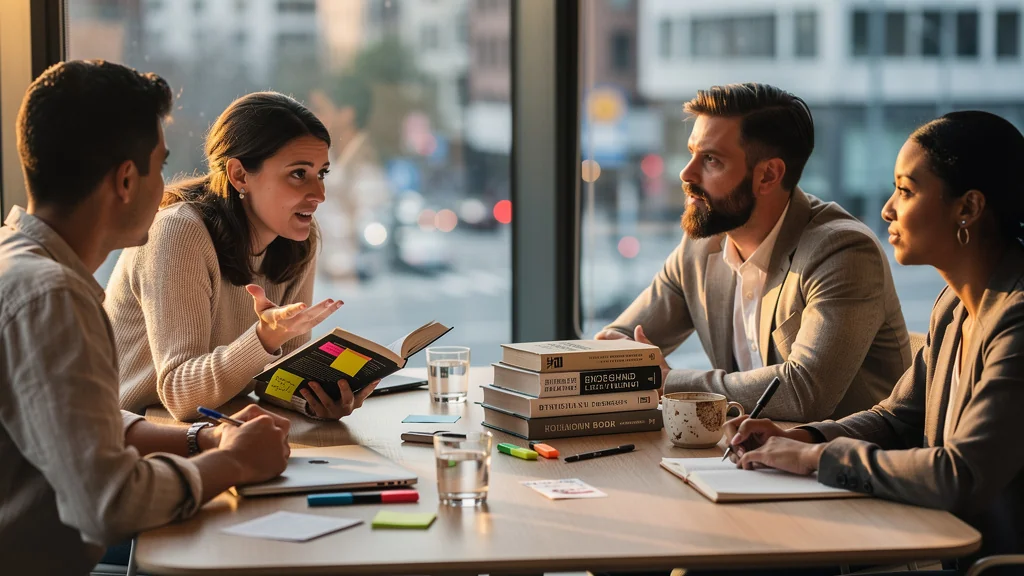 Club de lecture business mensuel avec 5 freelances partageant des livres en coworking