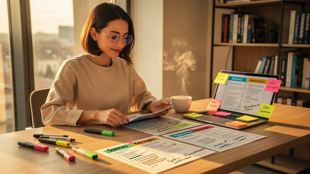 Femme concentrée testant une fiche de lecture structurée pour retenir ses idées business efficacement