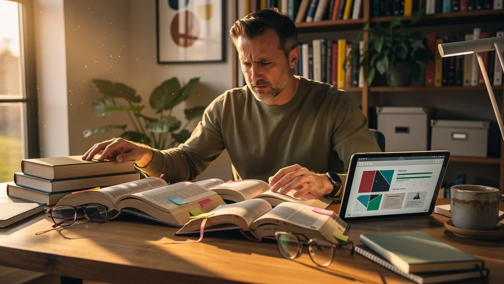 Test de Blinkist face à la lecture intégrale sur 10 livres en parallèle, illustration d’un lecteur concentré