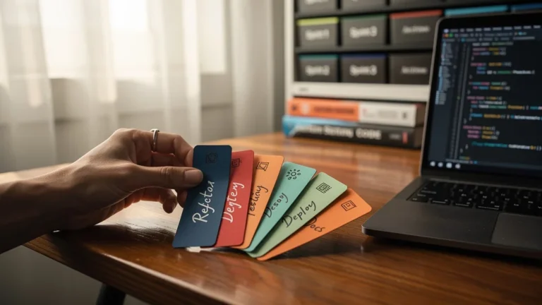 Espace de travail lumineux avec marque-pages codés colorés après quatre semaines de test projet