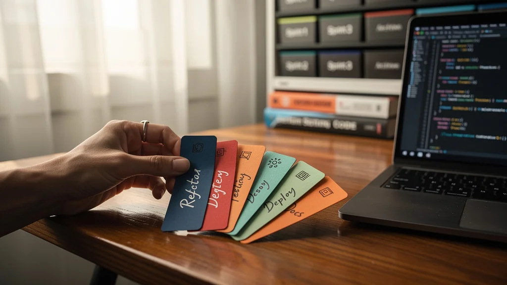 Espace de travail lumineux avec marque-pages codés colorés après quatre semaines de test projet