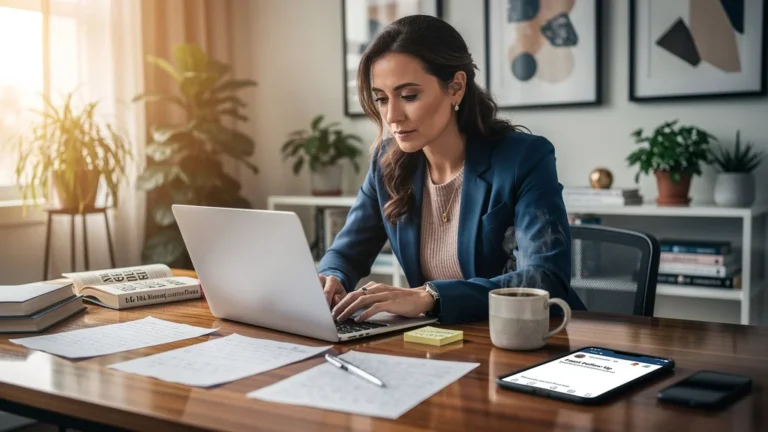 Femme professionnelle travaillant sur ses relances clients inspirée par To Sell Is Human de Pink