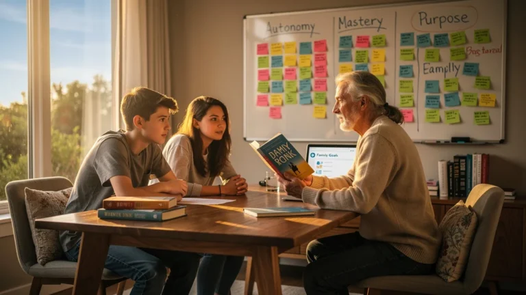 Parent motivant ses ados au travail avec la méthode Drive de Daniel Pink, ambiance chaleureuse et moderne