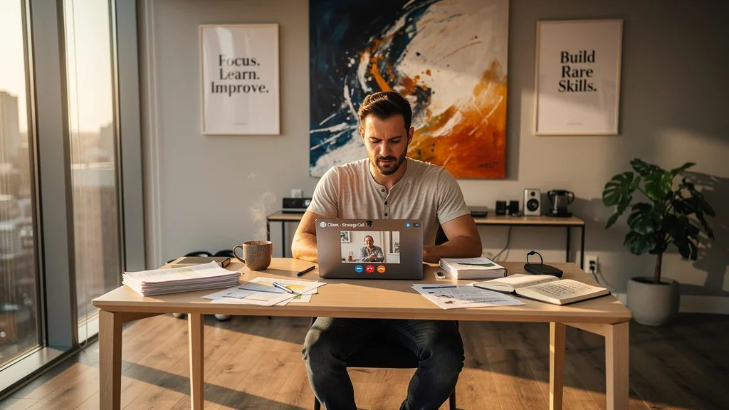 Freelance inspiré après un appel client, recadré par 'So Good They Can't Ignore You' dans un bureau lumineux