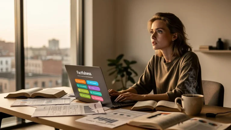 Femme réfléchissant à ses biais face au quiz Factfulness, symbolisant bases solides sur données fiables