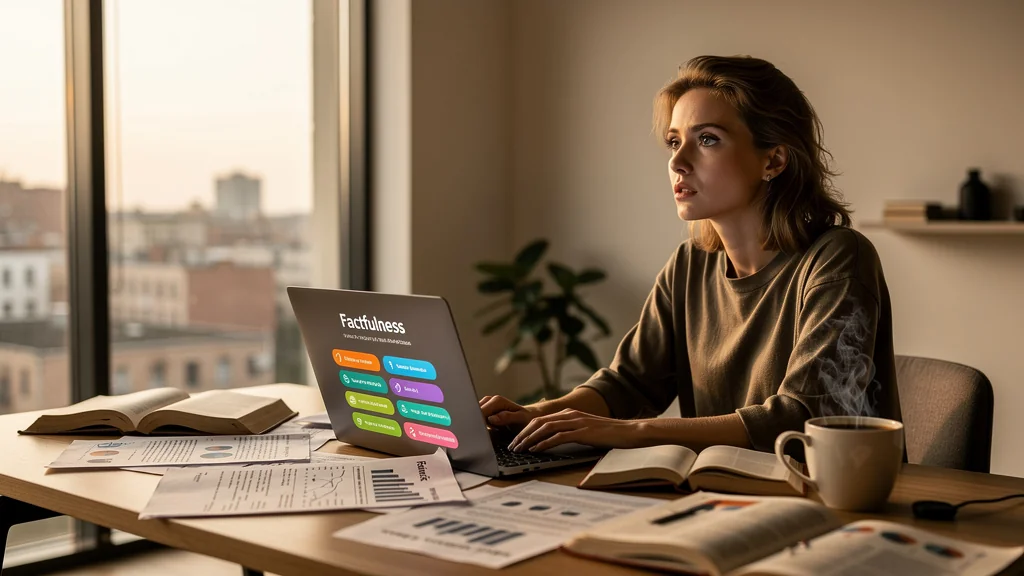 Femme réfléchissant à ses biais face au quiz Factfulness, symbolisant bases solides sur données fiables