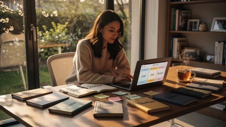 Woman reorganizing twelve annual articles with La 25e heure method in a bright home office