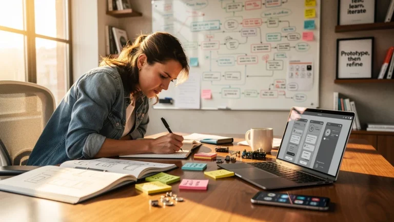 Jeune entrepreneure testant la méthode sprint de Knapp en cinq jours avec prototype minimaliste