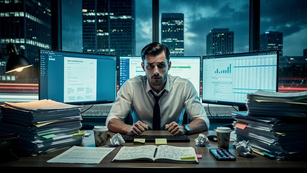 Professionnel stressé testant un retour de prêt fictif pour boucler ses dossiers à temps en bureau nocturne