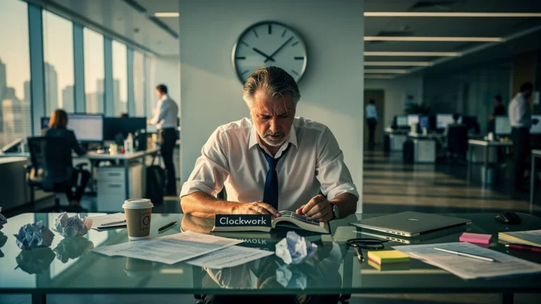 Homme fatigué au bureau regrettant de ne pas avoir lu Clockwork avant de devenir goulot d'étranglement