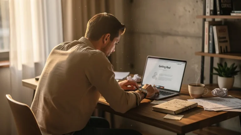 Personne réfléchissant devant un ordinateur sur 'Getting Real' avant de sur-construire son offre