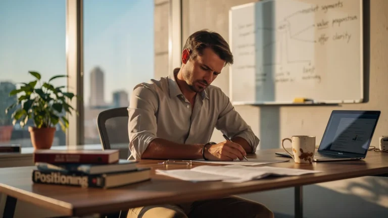 Professionnel réfléchissant à son offre floue avec le livre Positioning de Ries à portée de main