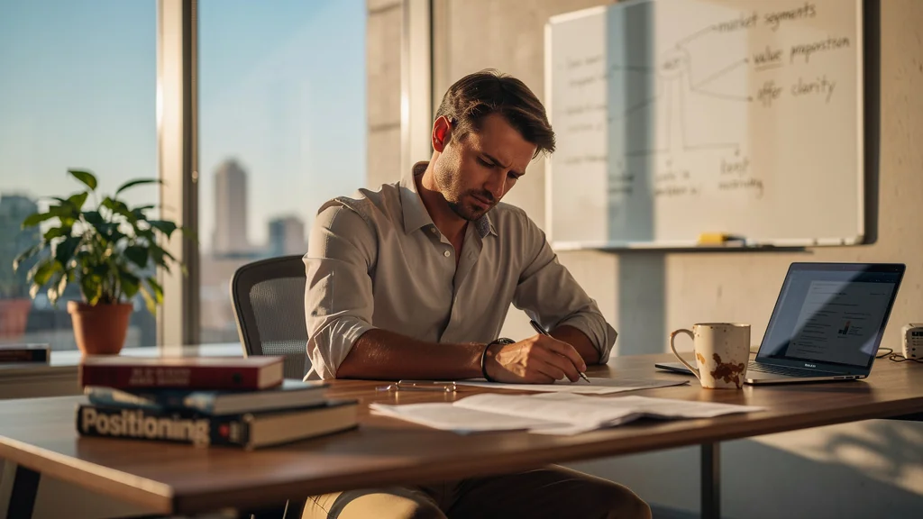 Professionnel réfléchissant à son offre floue avec le livre Positioning de Ries à portée de main