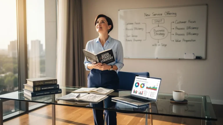 Femme découvrant une stratégie claire avec Good Strategy Bad Strategy pour son offre de services