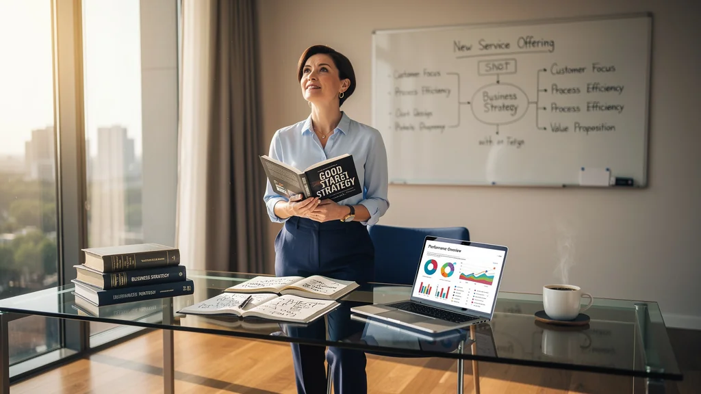 Femme découvrant une stratégie claire avec Good Strategy Bad Strategy pour son offre de services