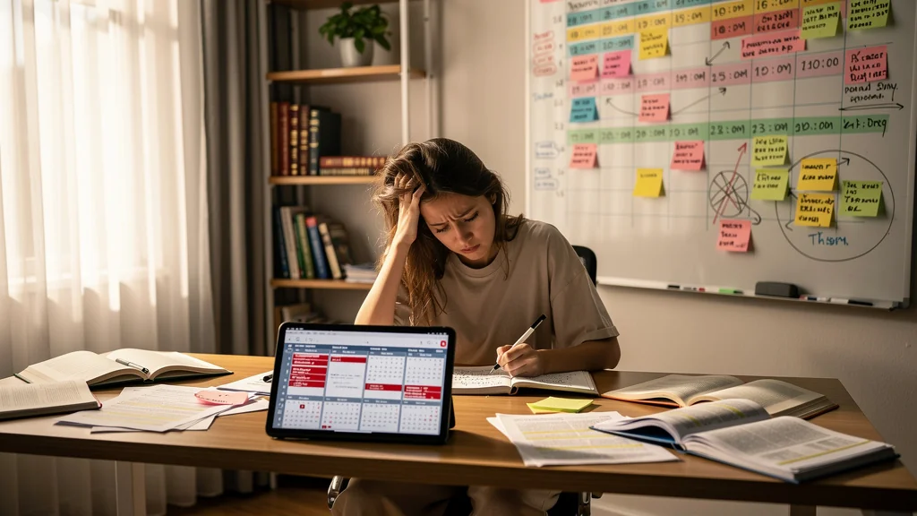 Photo réaliste d'une femme frustrée devant un bureau désordonné, symbolisant un trimestre perdu par mauvaise planification