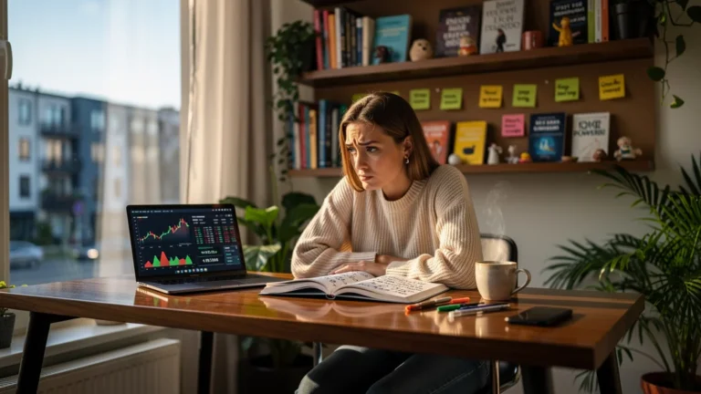 Jeune entrepreneure indépendante réfléchissant face à son compte bancaire pour gérer l'incertitude financière