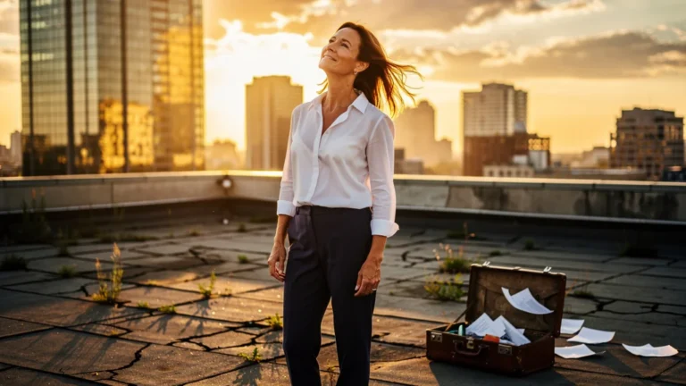 Femme libérée du poids d’un bullshit job sur un toit urbain au coucher du soleil, ambiance de soulagement