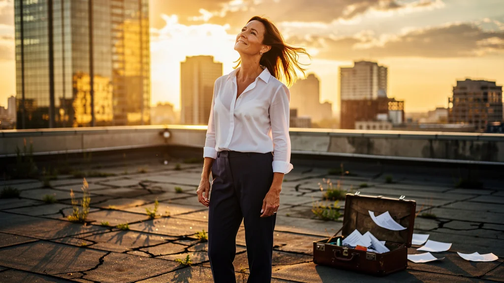 Femme libérée du poids d’un bullshit job sur un toit urbain au coucher du soleil, ambiance de soulagement