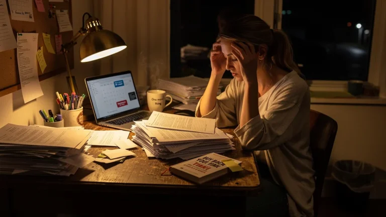 Femme épuisée affrontant des piles de paperasse, regret de ne pas avoir lu Buy Back Your Time