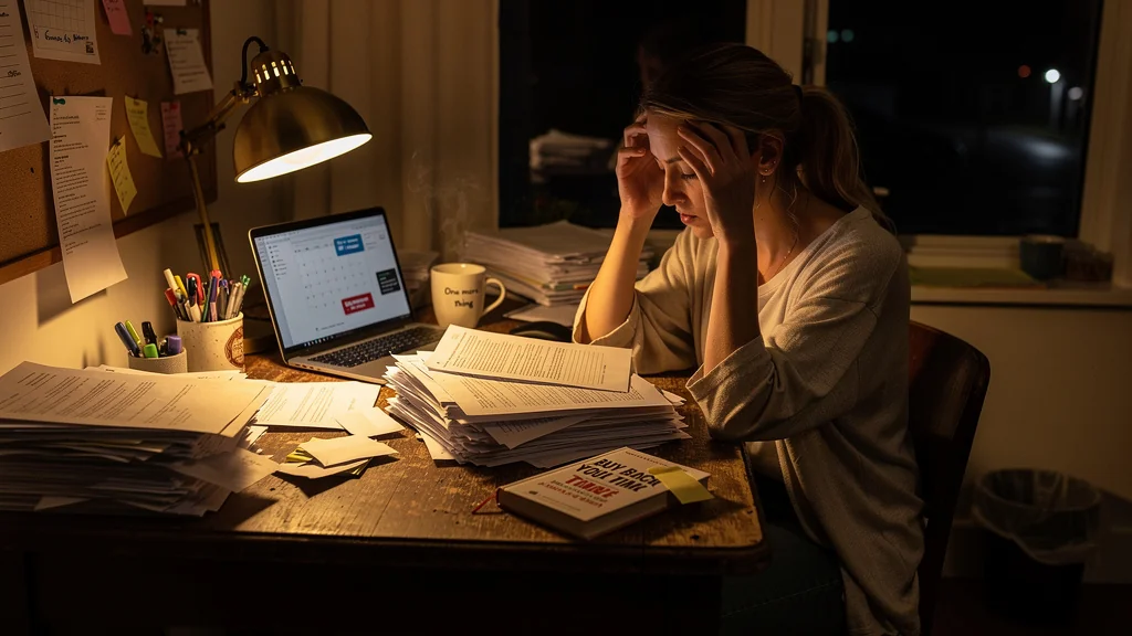 Femme épuisée affrontant des piles de paperasse, regret de ne pas avoir lu Buy Back Your Time