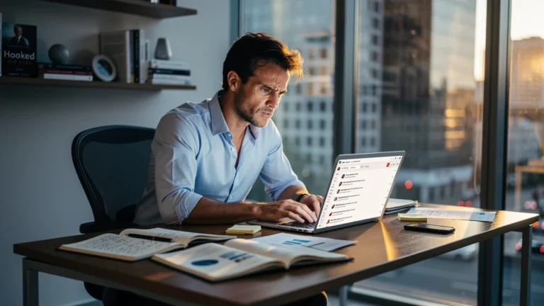 Homme frustré au bureau après avoir perdu trois relances clients faute de lire Hooked d’Eyal