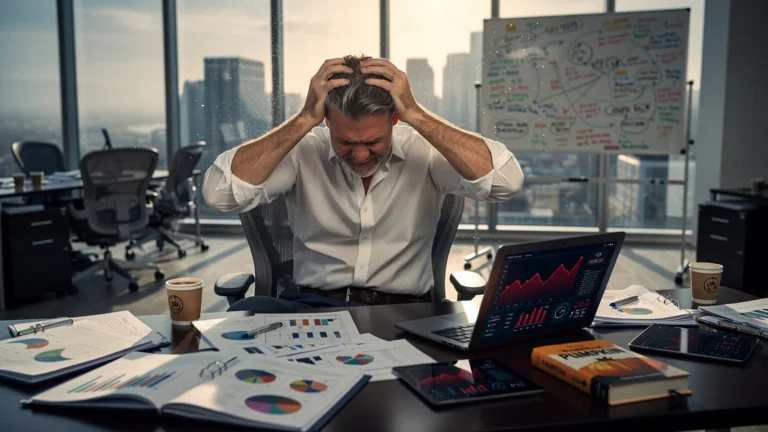 Homme frustré en bureau désordonné après avoir dispersé ses meilleurs clients sans lire The Pumpkin Plan