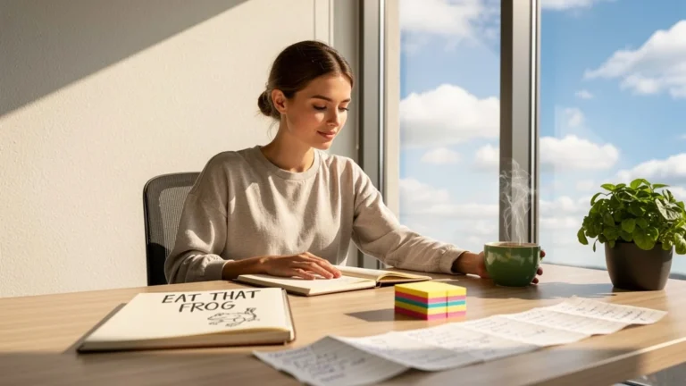 Femme concentrée choisissant Eat That Frog au lieu des longues listes de tâches dans un bureau moderne lumineux