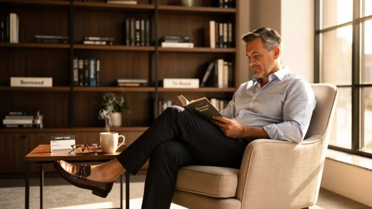 Homme dans un fauteuil lisant un livre business emprunté dans une bibliothèque moderne et chaleureuse
