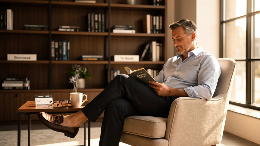 Homme dans un fauteuil lisant un livre business emprunté dans une bibliothèque moderne et chaleureuse