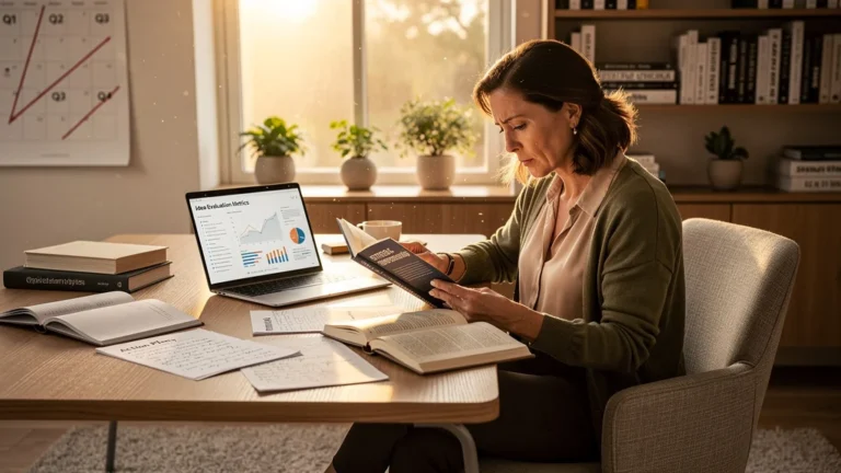 Femme pensant dans un bureau lumineux, reflet des pertes causées par attendre la fin d’un livre pour agir