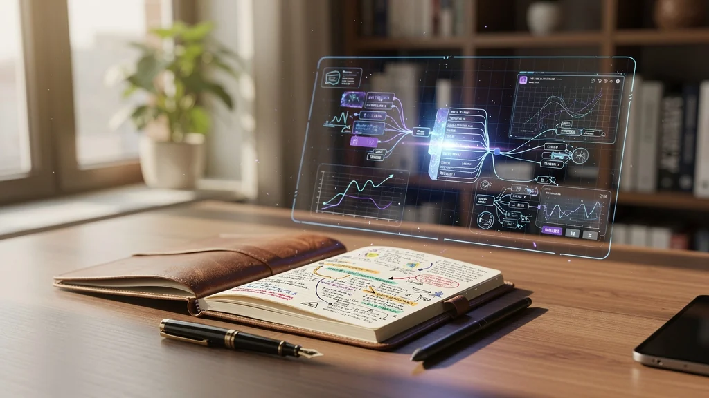 Carnet papier et hologrammes illustrant la promesse de Building a Second Brain en gestion des connaissances