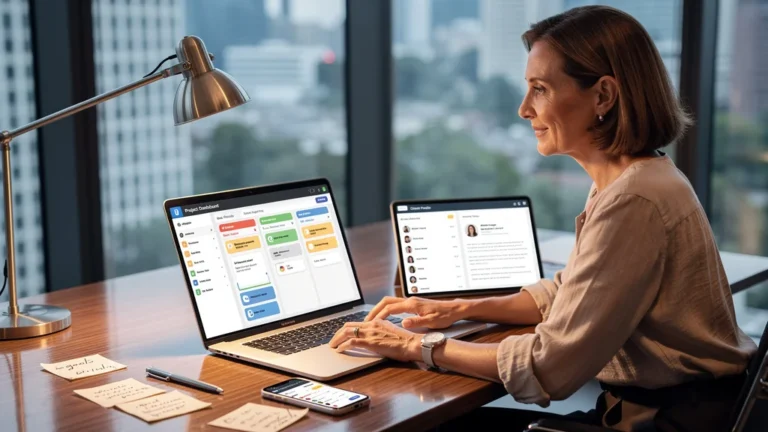 Bureau moderne illustrant la gestion de projet CRM avec femme experte autour de 45 ans en pleine organisation