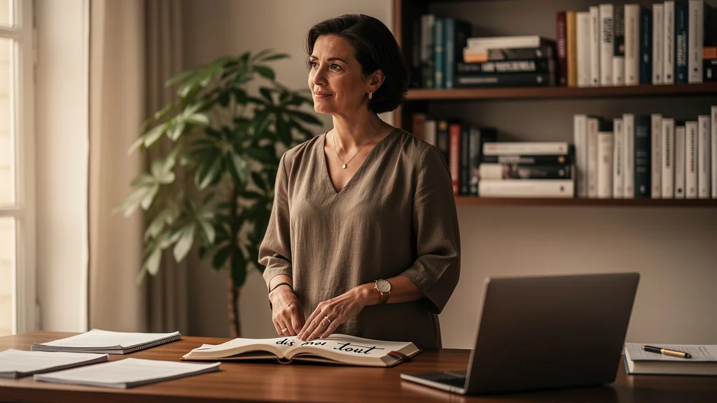 Portrait réaliste d’une rédactrice entrepreneure de 45 ans dans un bureau lumineux et moderne
