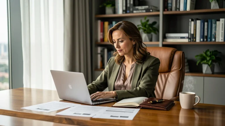 Portrait hyper-réaliste d’une rédactrice spécialisée en entrepreneuriat dans un bureau moderne et lumineux