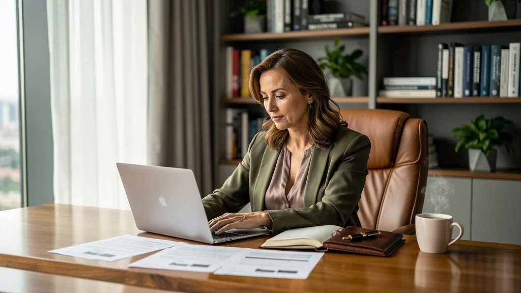 Portrait hyper-réaliste d’une rédactrice spécialisée en entrepreneuriat dans un bureau moderne et lumineux